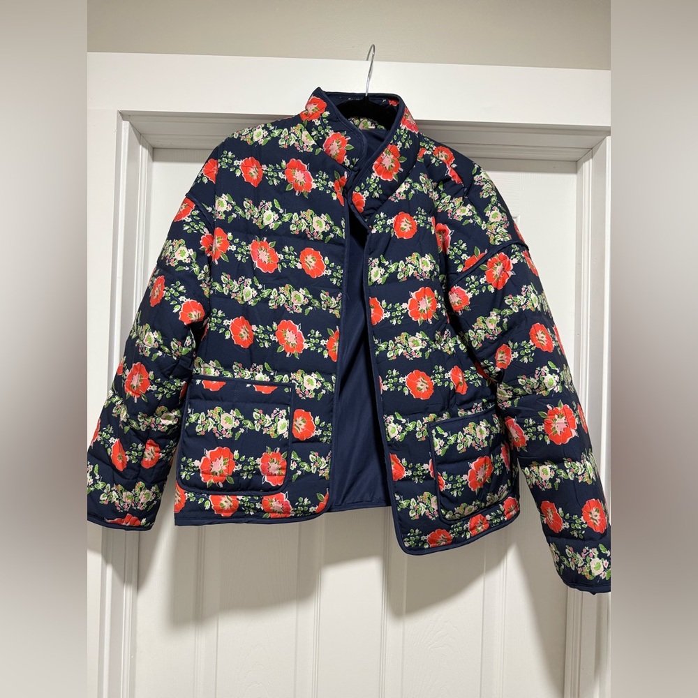 Navy Floral Quilted Puffer Jacket - Women's